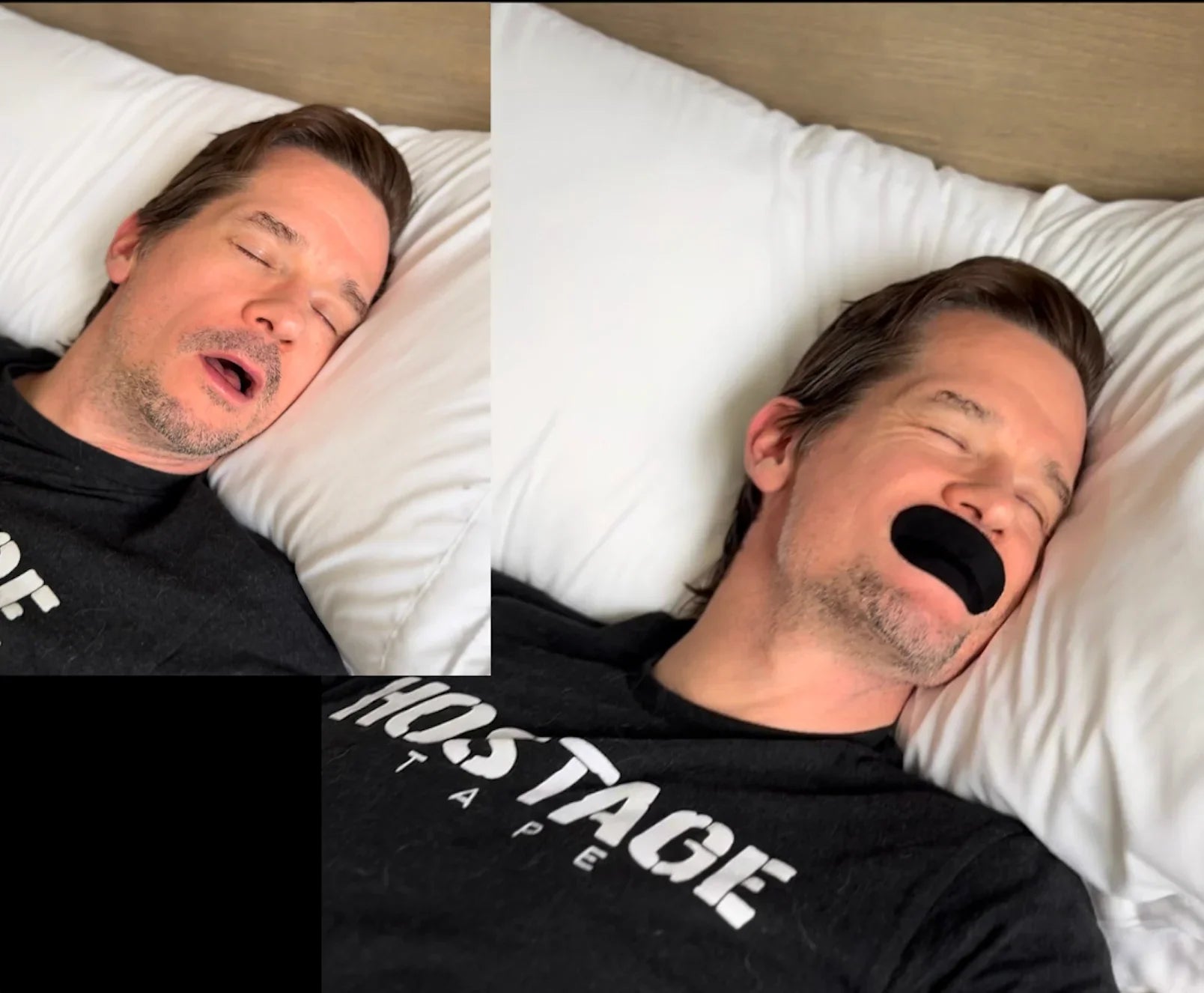 Man sleeping with mouth open and then with Hostage Tape applied, showing improved mouth closure