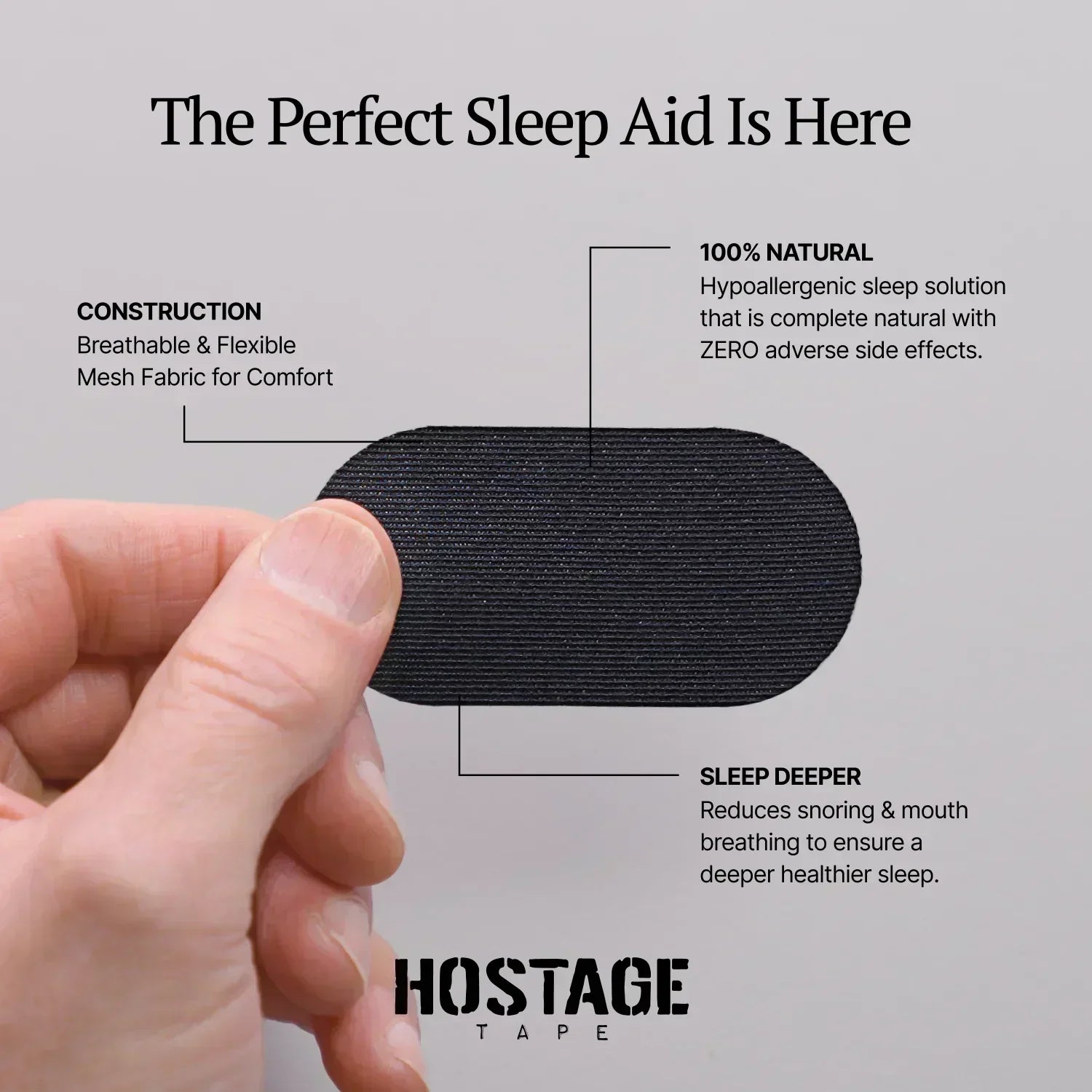 Black Hostage Mouth Tape, breathable and hypoallergenic, for better sleep and snoring relief
