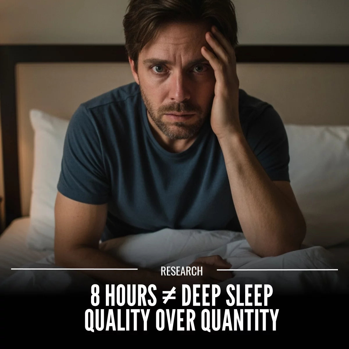Hostage Tape image showing tired man in bed illustrating that 8 hours of sleep doesn’t equal deep rest