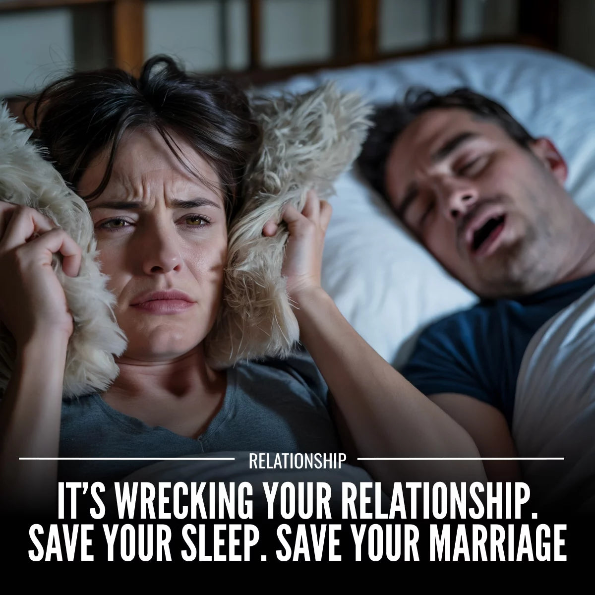 Hostage Tape image showing woman losing sleep from partner snoring with text save your sleep and marriage