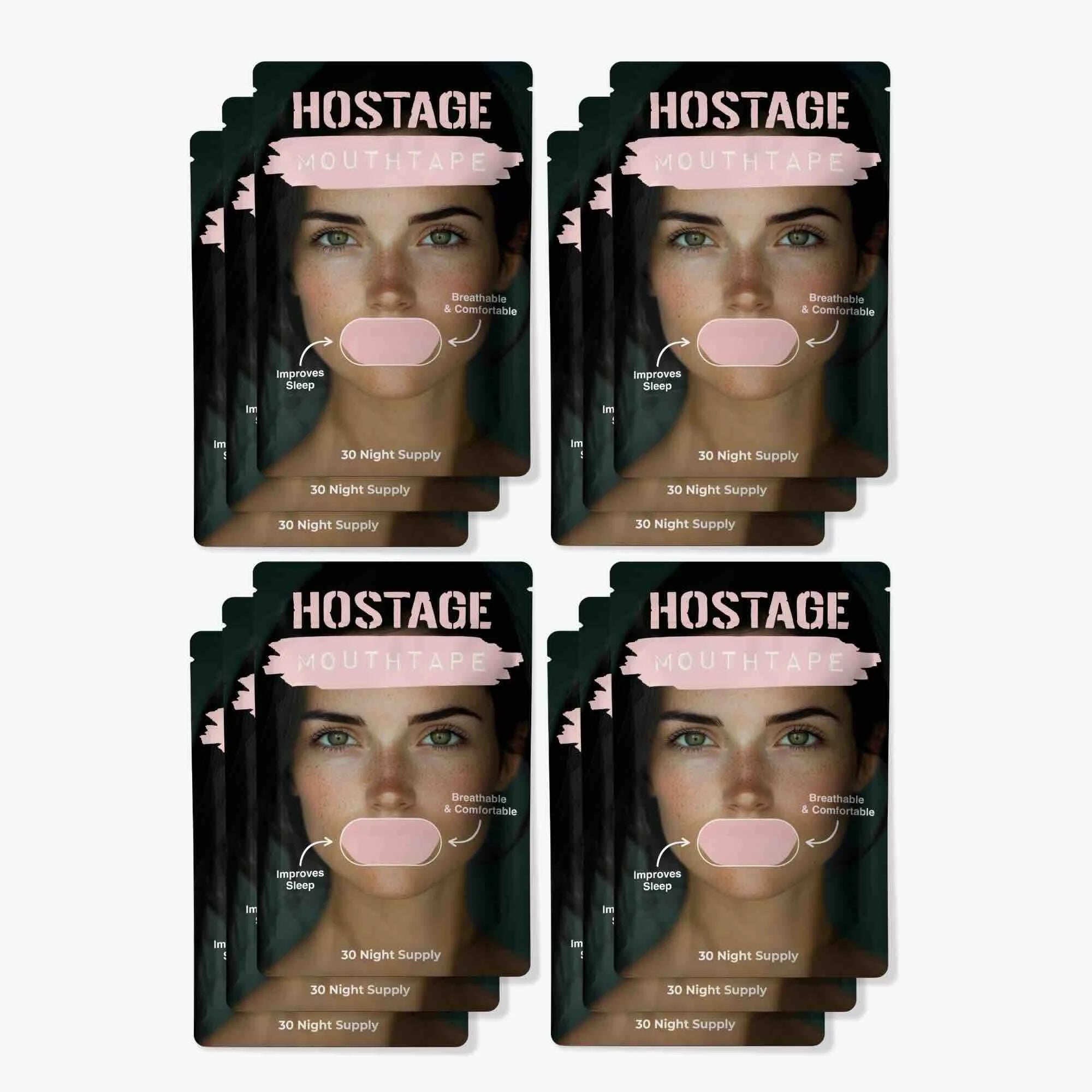 Twelve pink Hostage Mouth Tape pouches, year supply for better sleep and nasal breathing