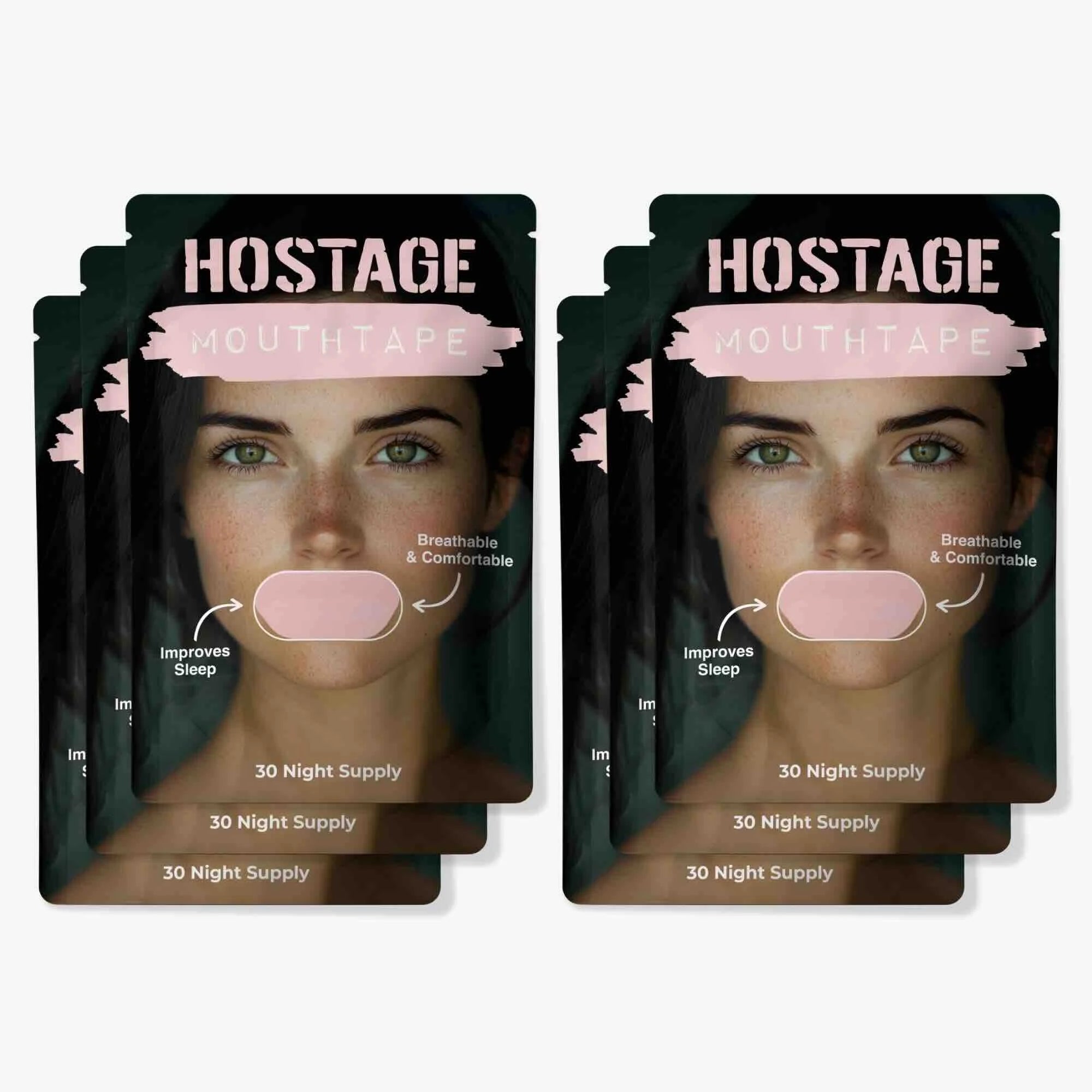 Six pink Hostage Mouth Tape pouches bundle for better sleep, snoring reduction, and nasal breathing