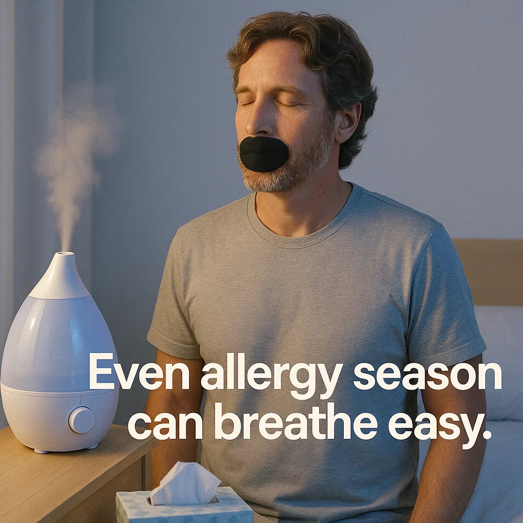 Hostage Tape man wearing mouth tape near humidifier showing easy nasal breathing even during allergy season