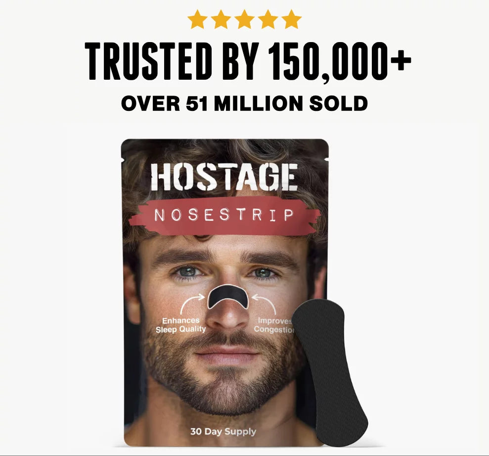 Hostage Nosestrip packaging with a man's face on a white background