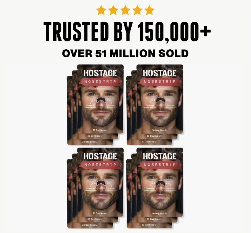 Multiple packages of Hostage Nosestrip with a white background and text indicating trust and sales figures.