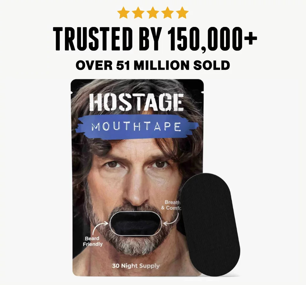 Product packaging of 'Hostage Mouthtape' with a man's face and text about trust and sales.