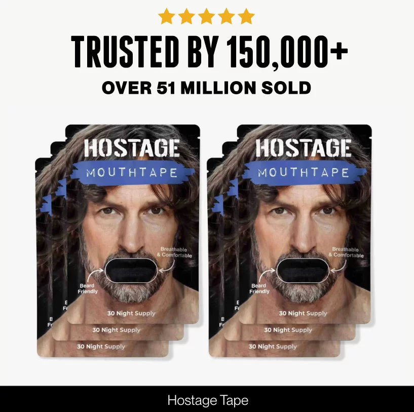 Six packages of Black Hostage Mouthtape with a man's face on the packaging, displayed against a white background.