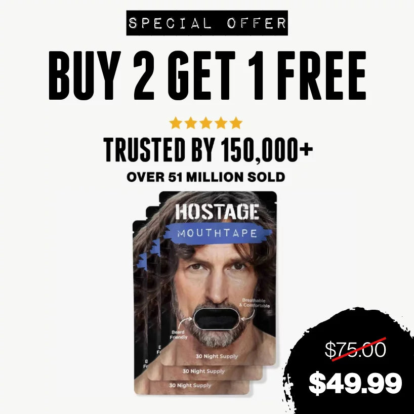 Promotional graphic for Hostage Mouthtape with a man wearing it, showing a special offer and customer trust.