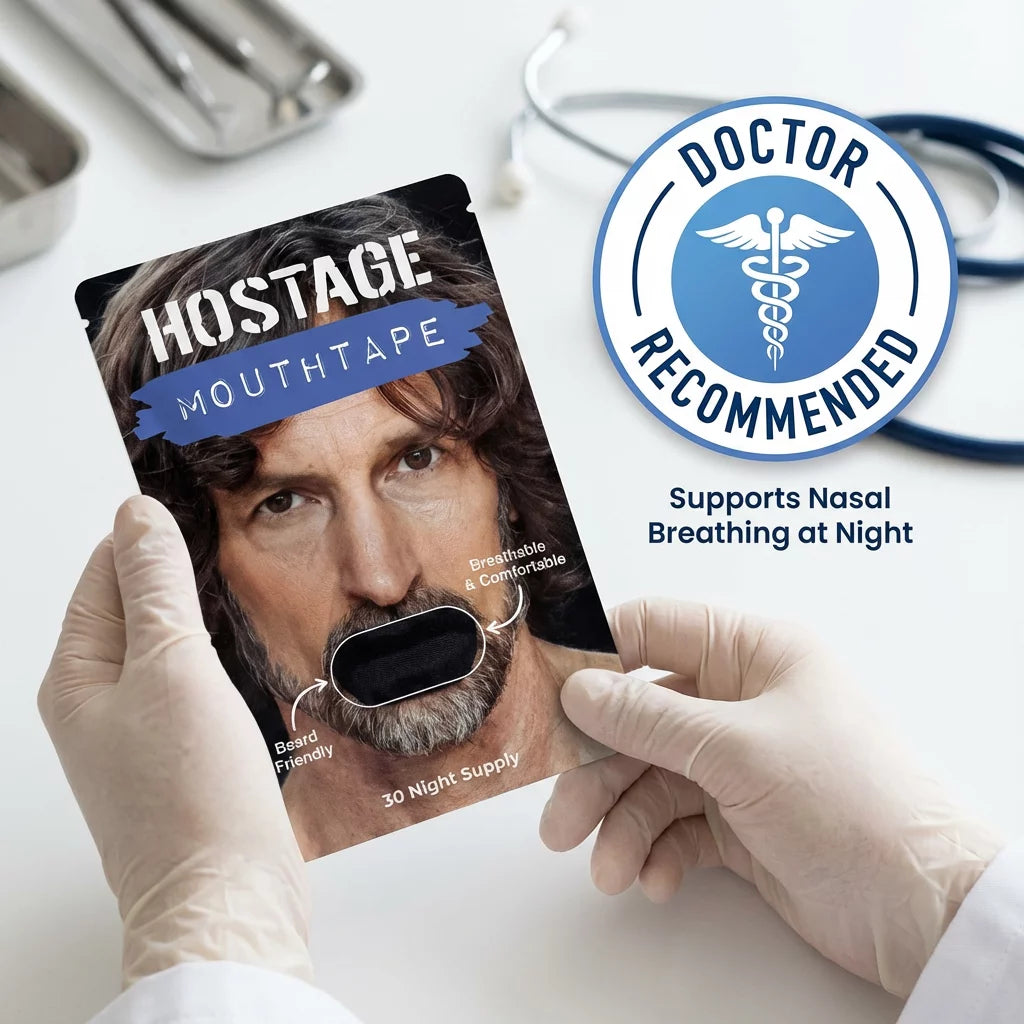 Mouth tape packaging with a doctor's recommendation label on a white background