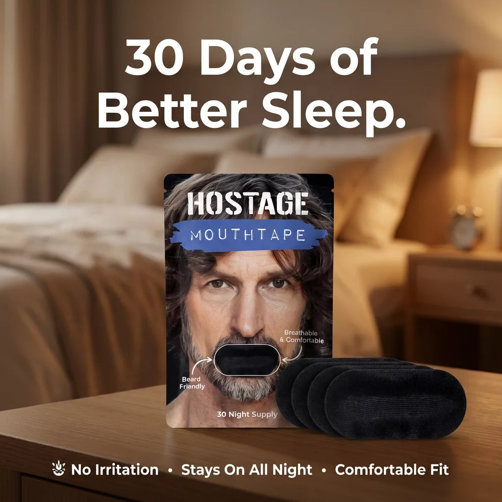 Product packaging of 'HOSTAGE MOUTHTAPE' with a bedroom setting in the background.