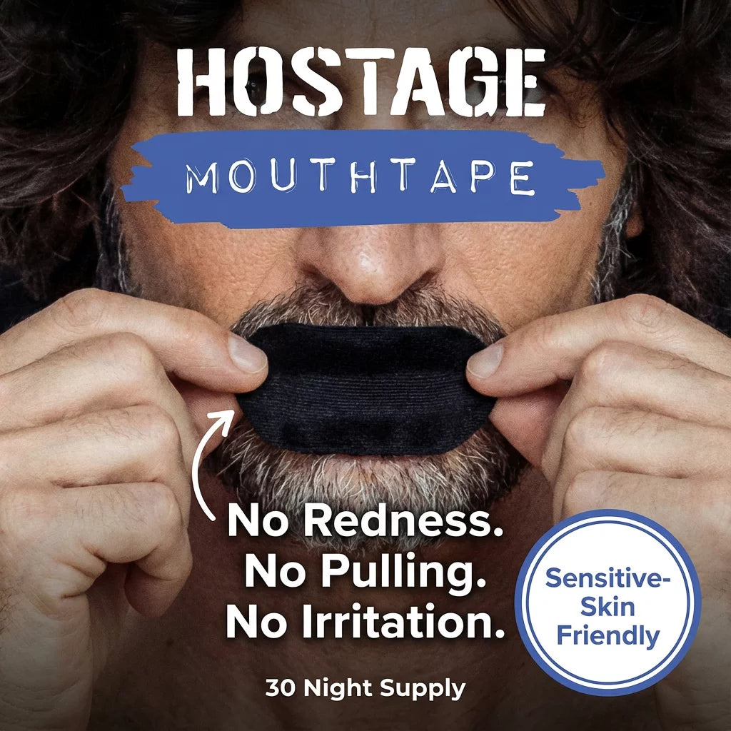 Person applying 'Hostage Mouthtape' with text highlighting benefits and product details.