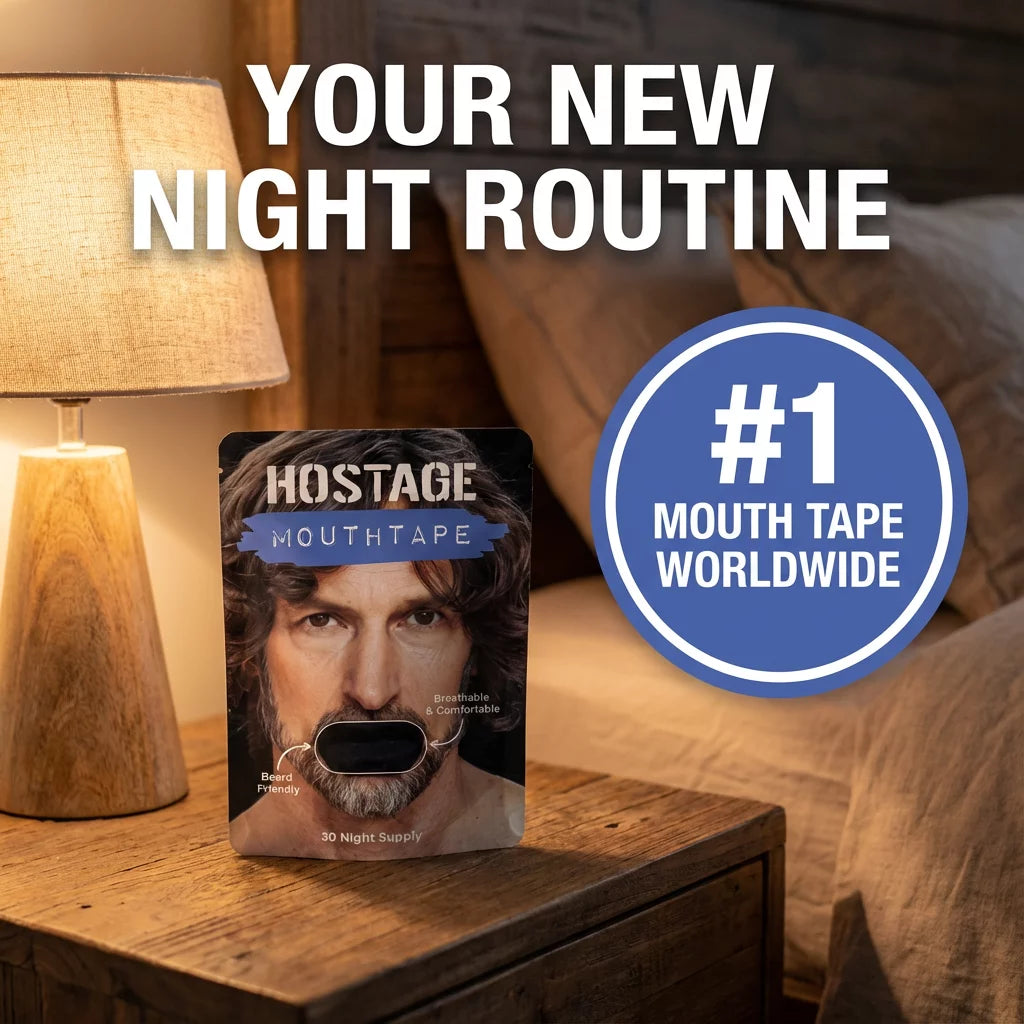 Product packaging of 'Hostage Mouth tape' on a nightstand with text 'Your New Night Routine' and '#1 Mouth Tape Worldwide' badge.