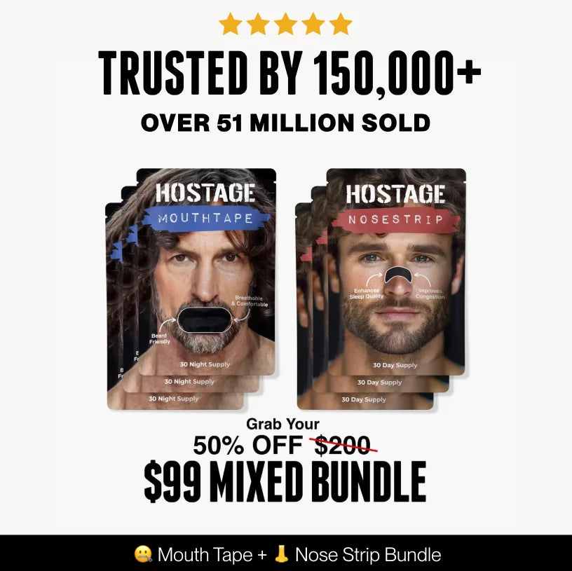 Promotional image of Hostage Tape mouth tape and nose strips packages with text about trust and sale offer.