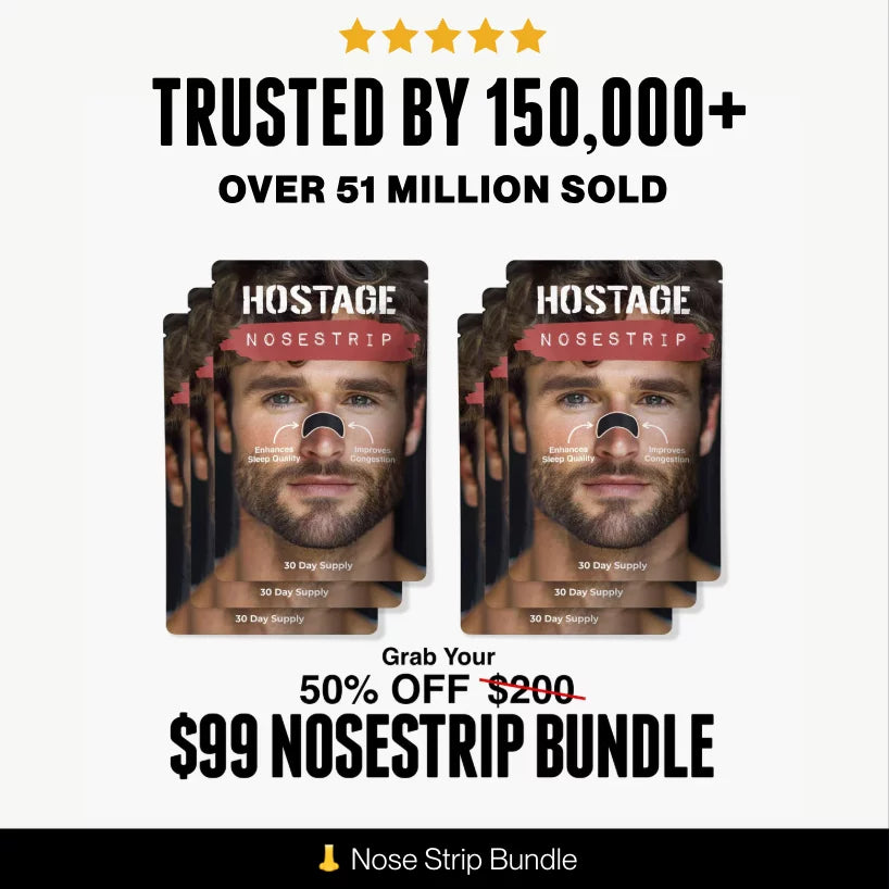 Hostage Tape Nose Strips packages with promotional text on a white background