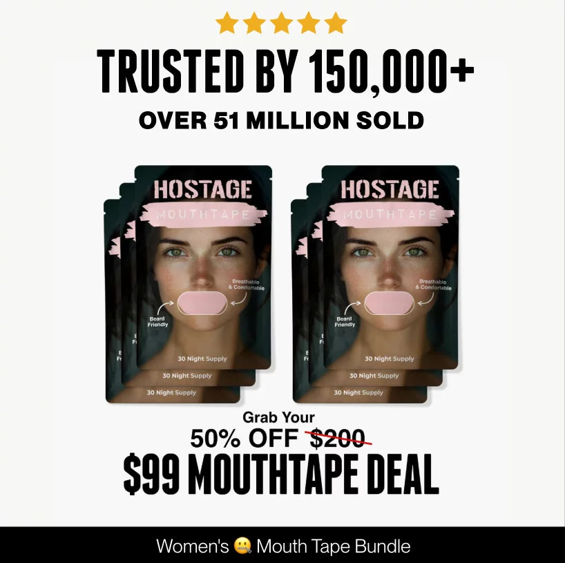 Promotional image of Hostage Mouth Tape with discount offer on a white background