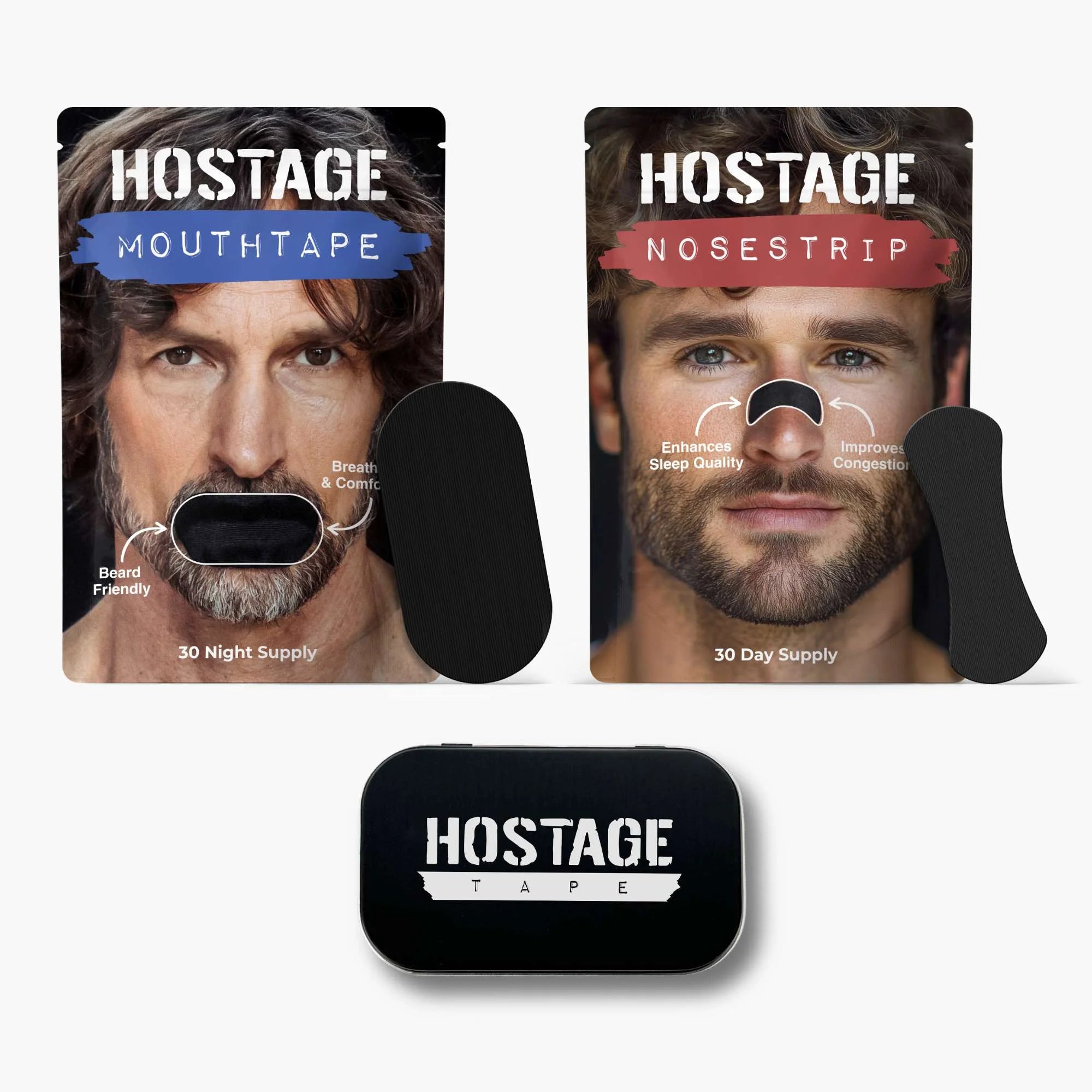 Beard-friendly Hostage Tape mouth and nose strip bundle with storage tin for better breathing
