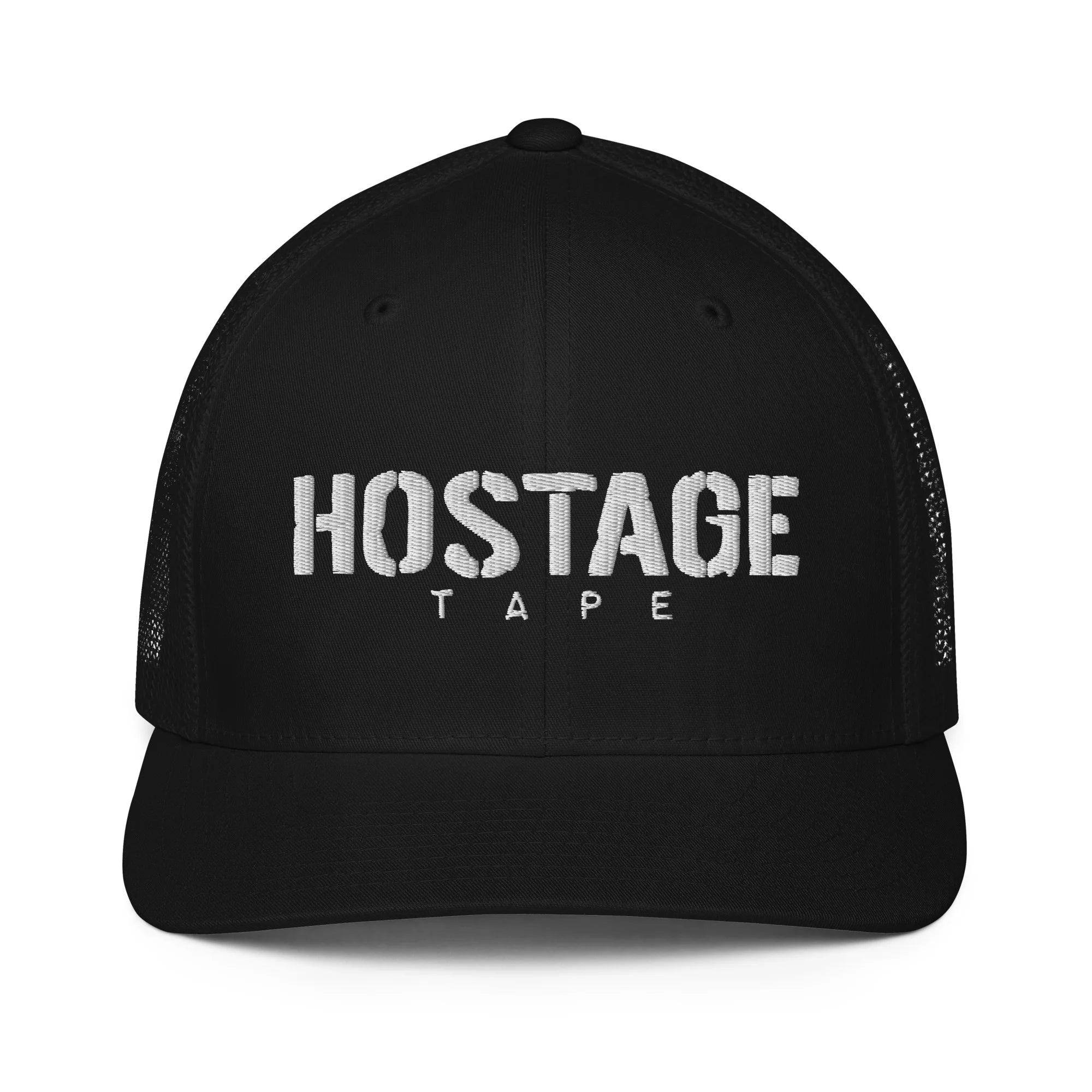 Black trucker hat with white embroidered script reading “Hostage Tape,” front view