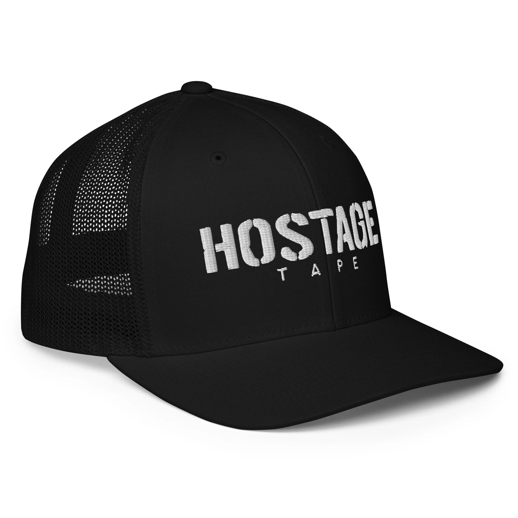 Side view of black trucker hat with white Hostage Tape logo and adjustable mesh back