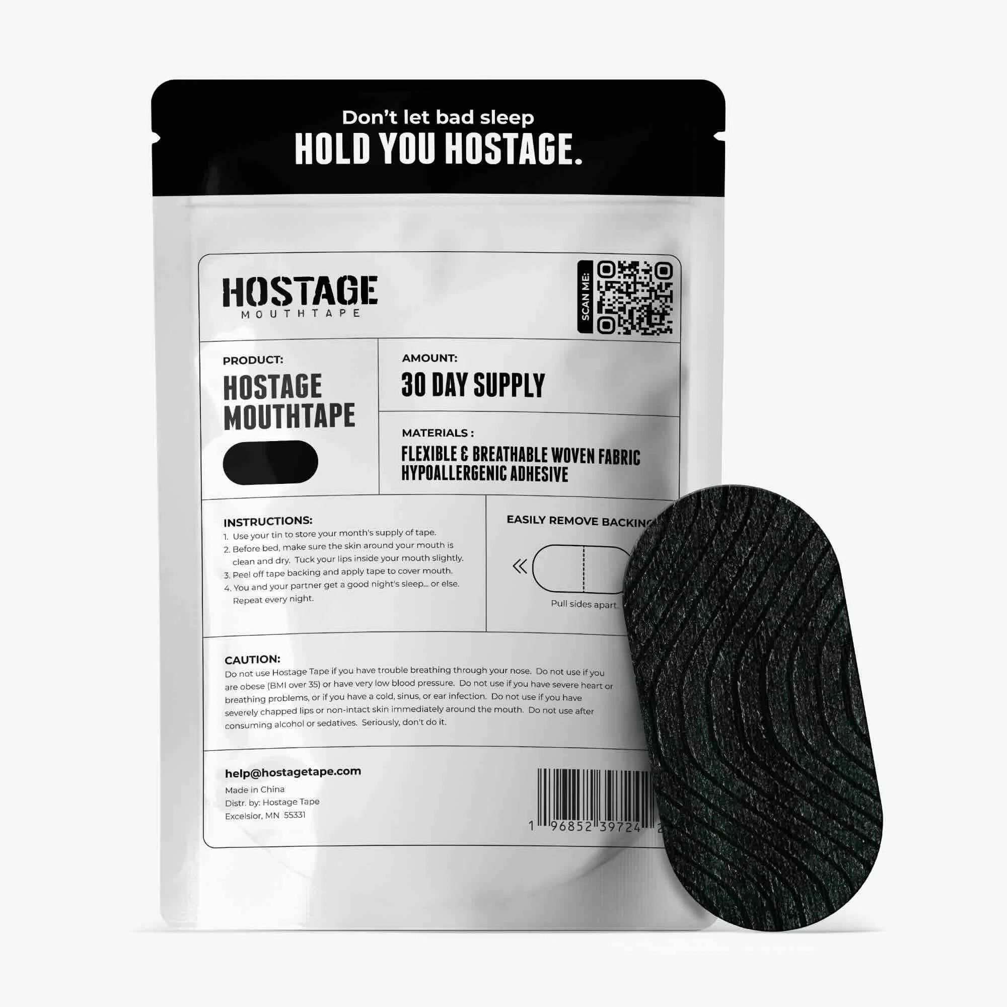 Back of Hostage Mouth Tape 30-day supply showing black breathable strip, instructions, and cautions