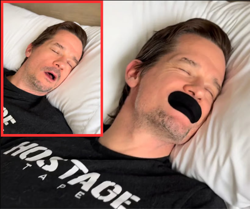 Man sleeping with mouth open and then with Hostage Tape applied, showing improved mouth closure