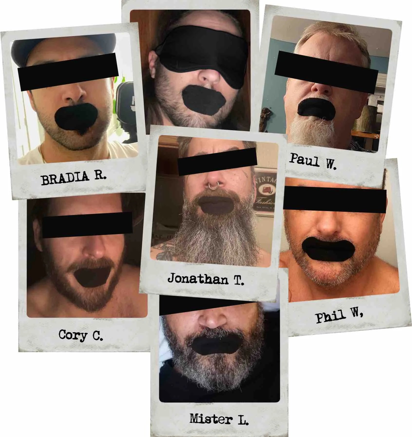 Six bearded men wearing Hostage Mouth Tape