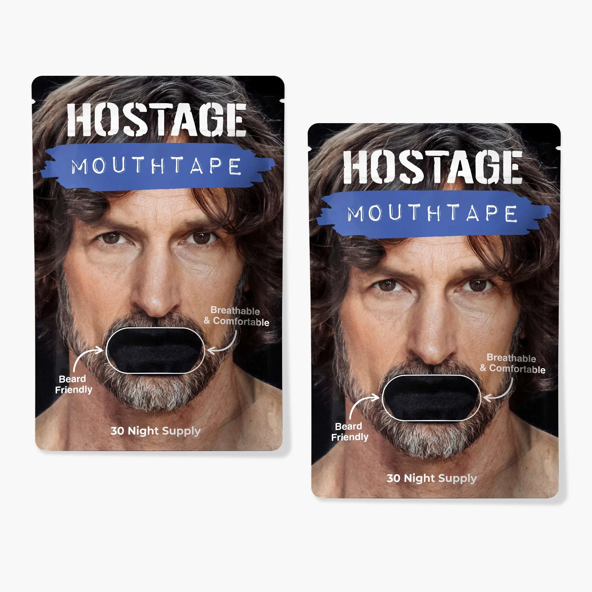 Two black Hostage Mouth Tape pouches to improve sleep, stop mouth breathing, and reduce snoring