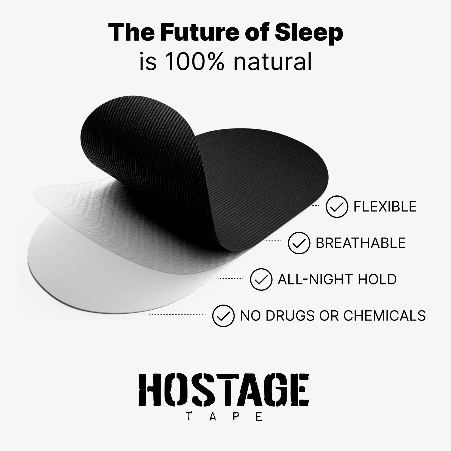 Close-up of black Hostage Mouth Tape showing flexible, breathable strip for snoring prevention