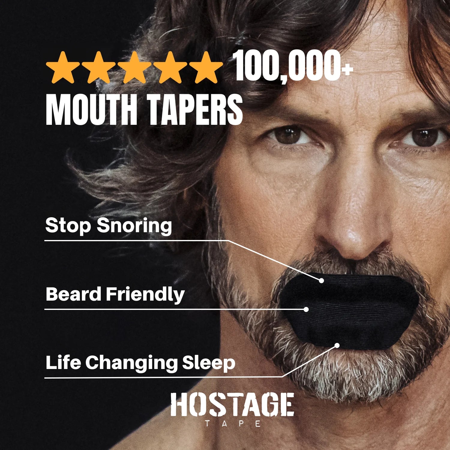 Middle-aged bearded man wearing black Hostage Tape, trusted by 100,000+, stops snoring