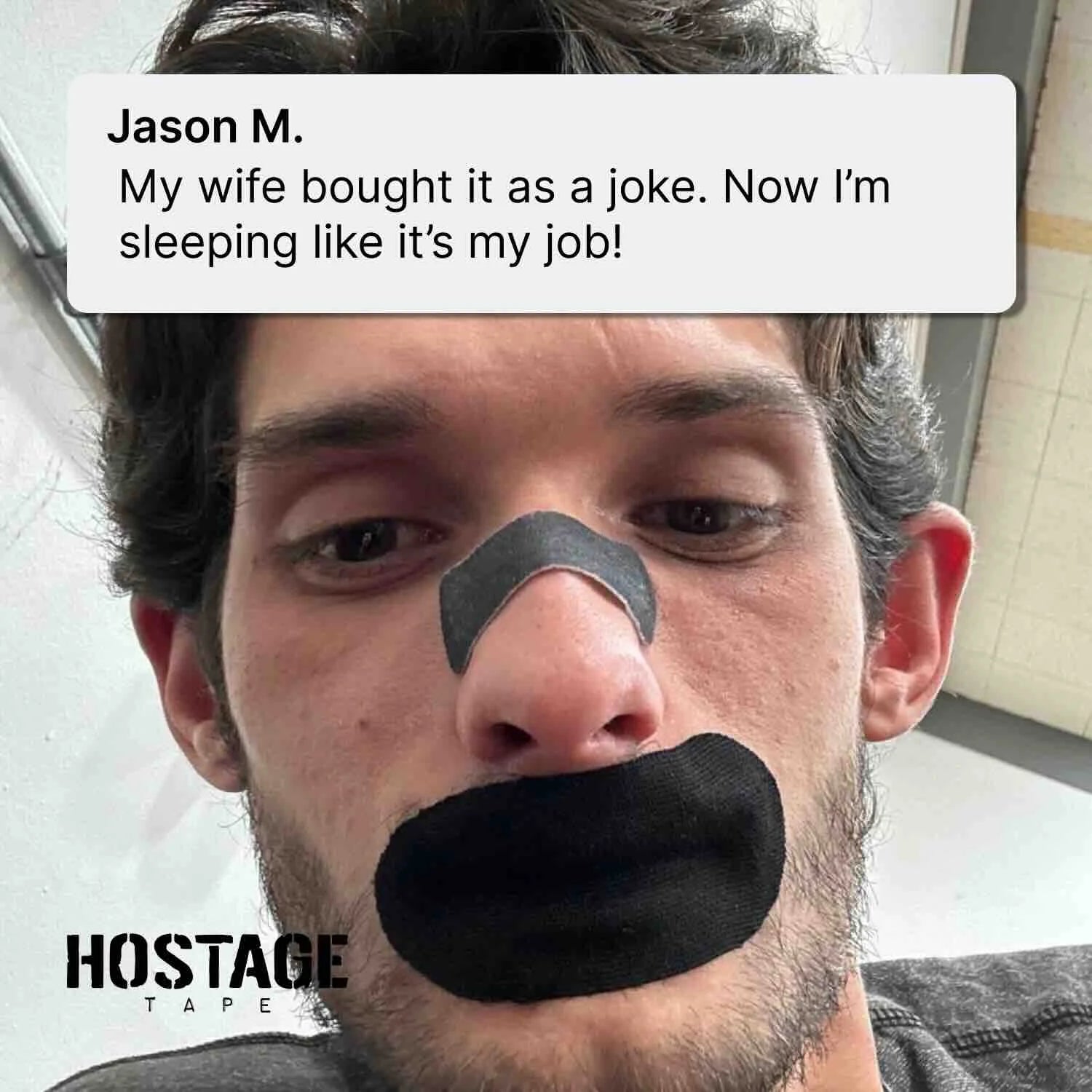 Man using black Hostage Mouth Tape and Nose Strips