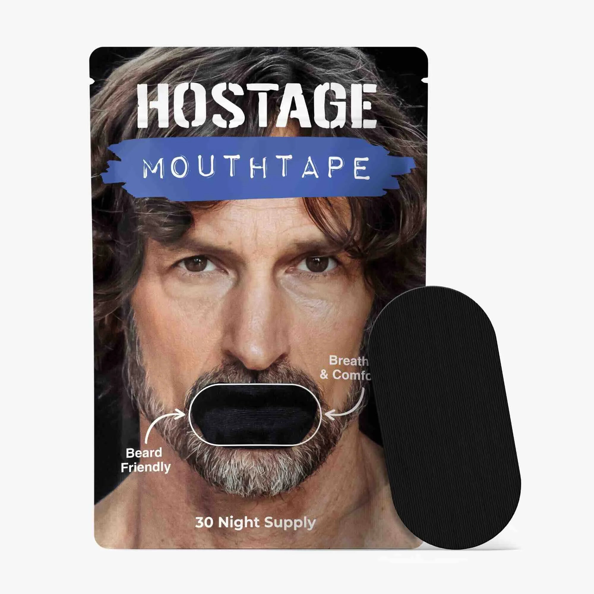 One black Hostage Mouth Tape pouch with visible strip to improve sleep and reduce snoring