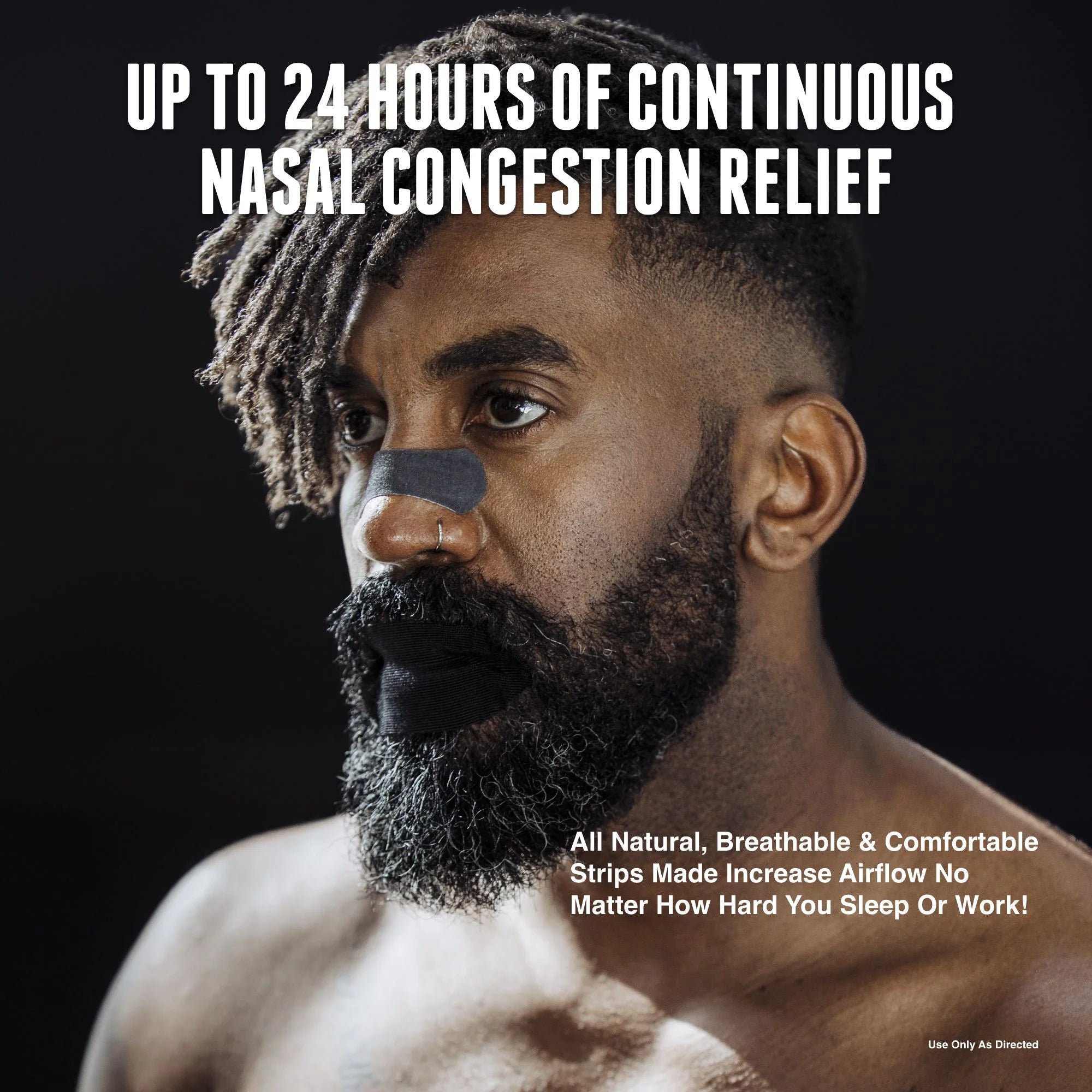 Man wearing Hostage Nose Strip and Mouth Tape for nasal congestion relief and improved breathing