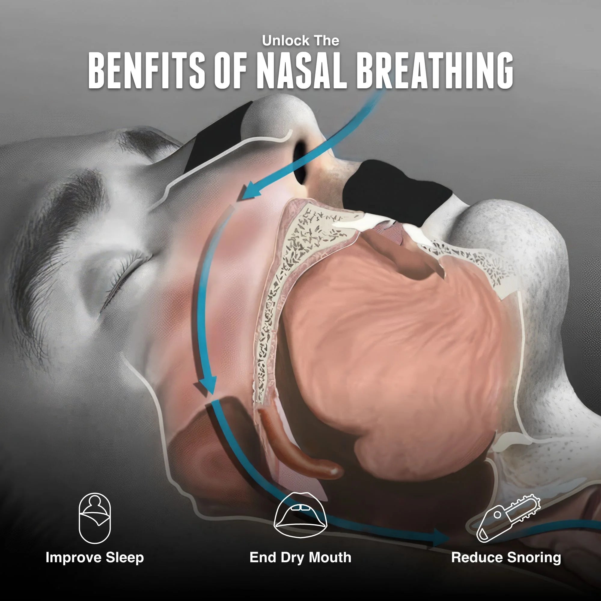 Hostage Tape diagram illustrating nasal breathing benefits for sleep and reduced snoring