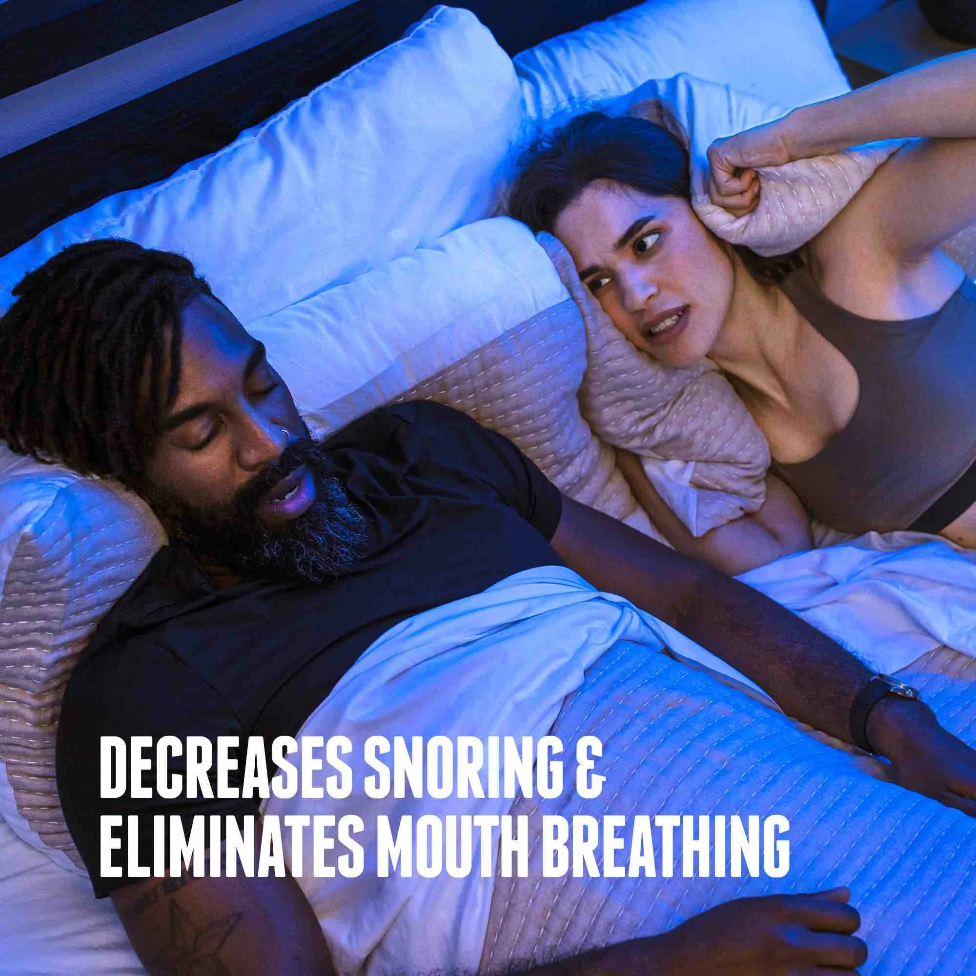 Two people lying in bed with a text overlay about mouth breathing solutions.