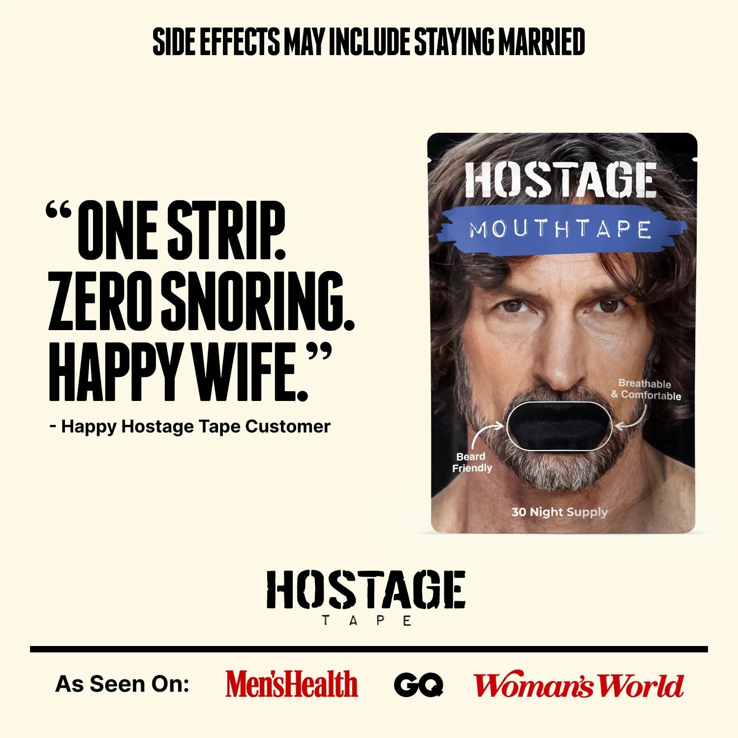 Hostage Tape mouth tape on bearded man, stops snoring, comfortable and breathable sleep aid