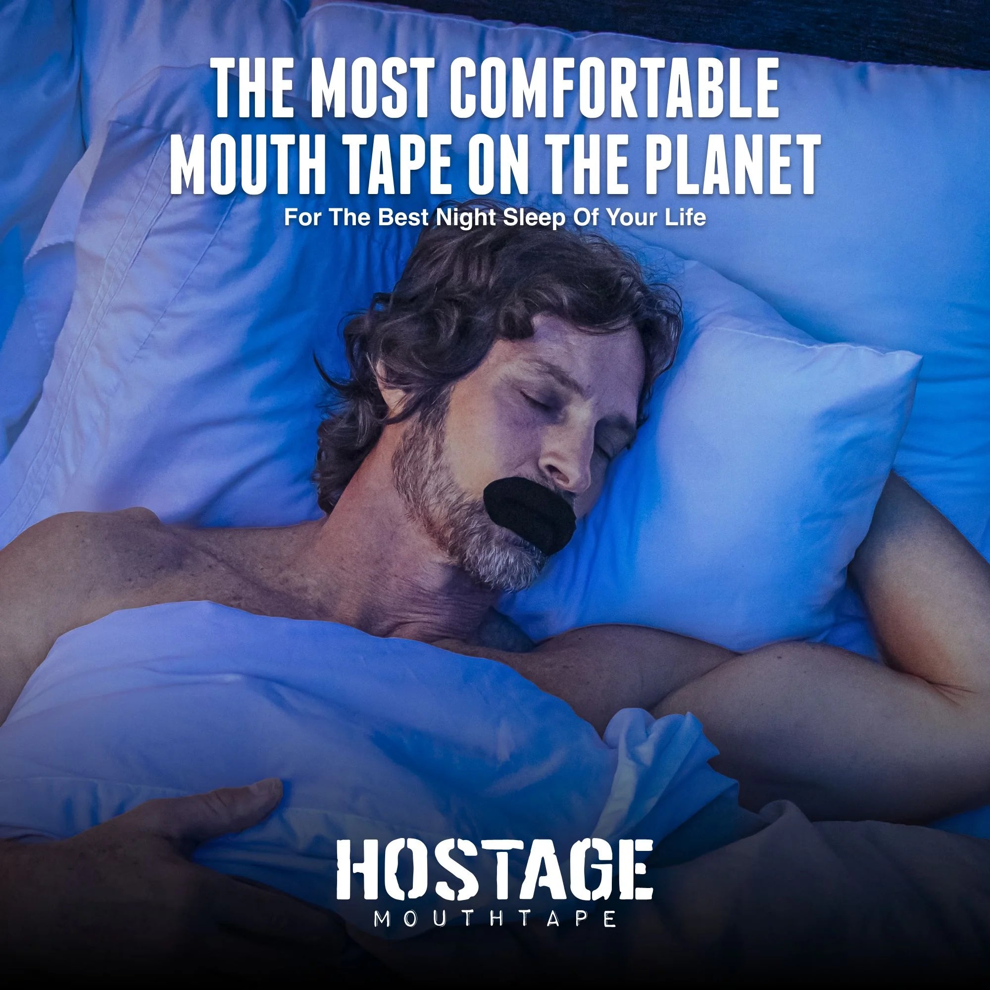 Middle-aged man sleeping with Hostage Tape for comfortable sleep and reduced snoring