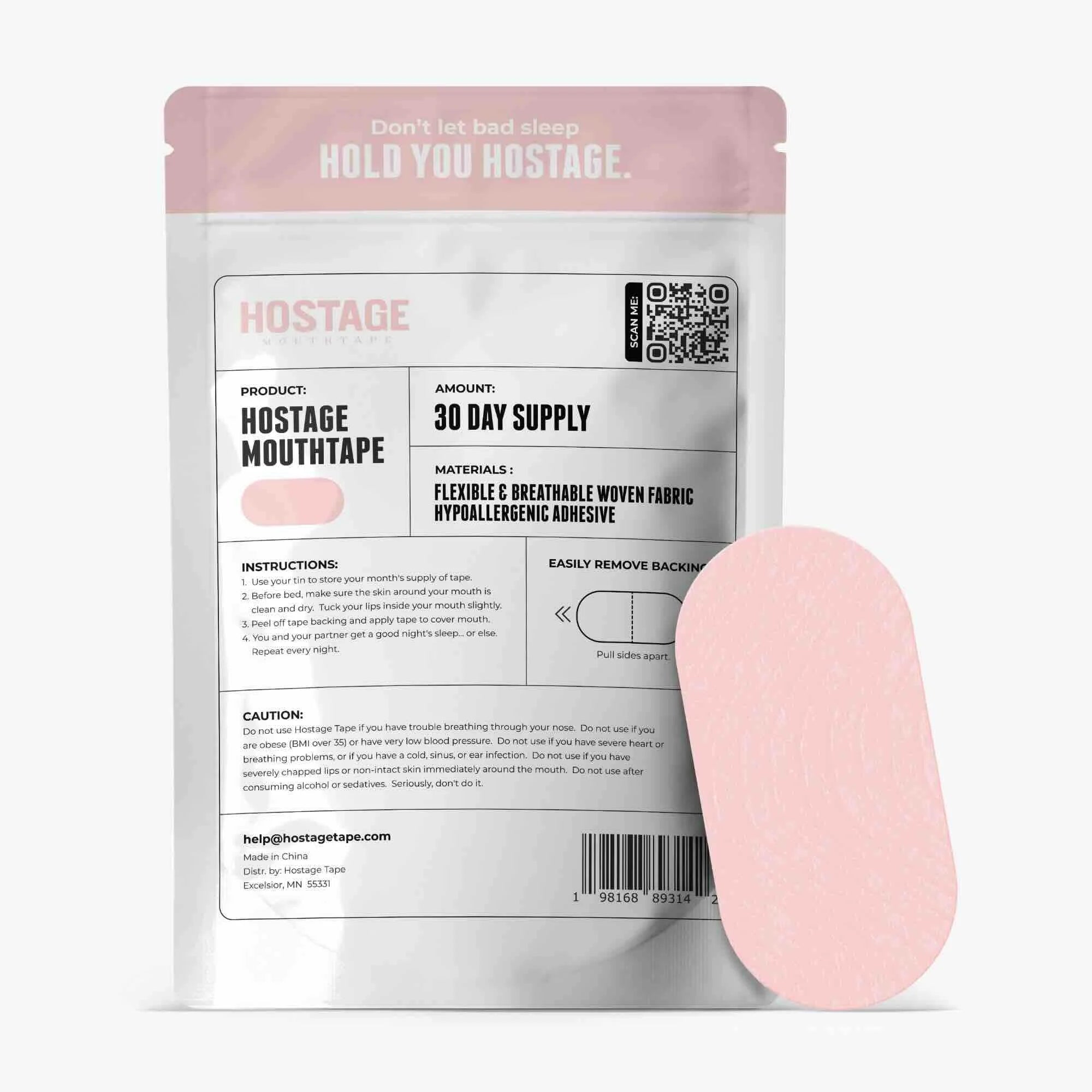 Hostage Pink MouthTape 30-day supply with breathable strip, instructions, and safety details