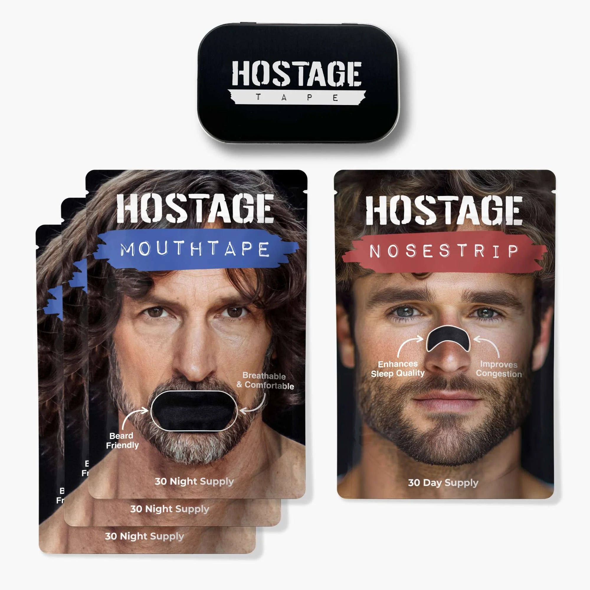 Three black Hostage Mouth Tape pouches with nose strips and bedside tin for better sleep