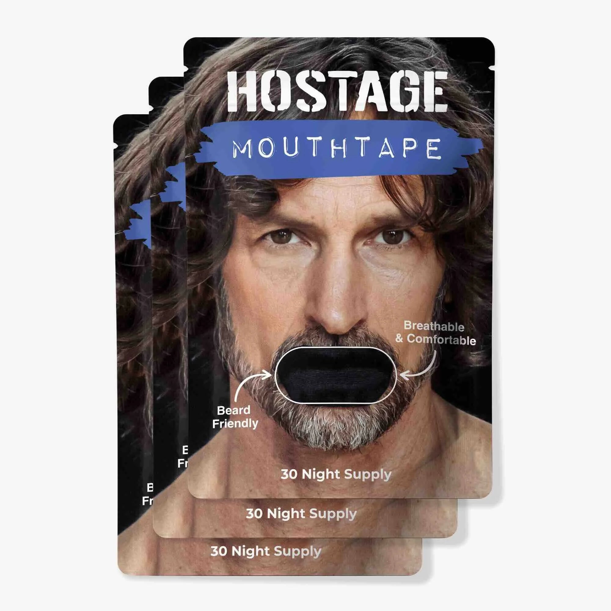 Three Hostage Mouth Tape packages on white background for better sleep and reduced snoring
