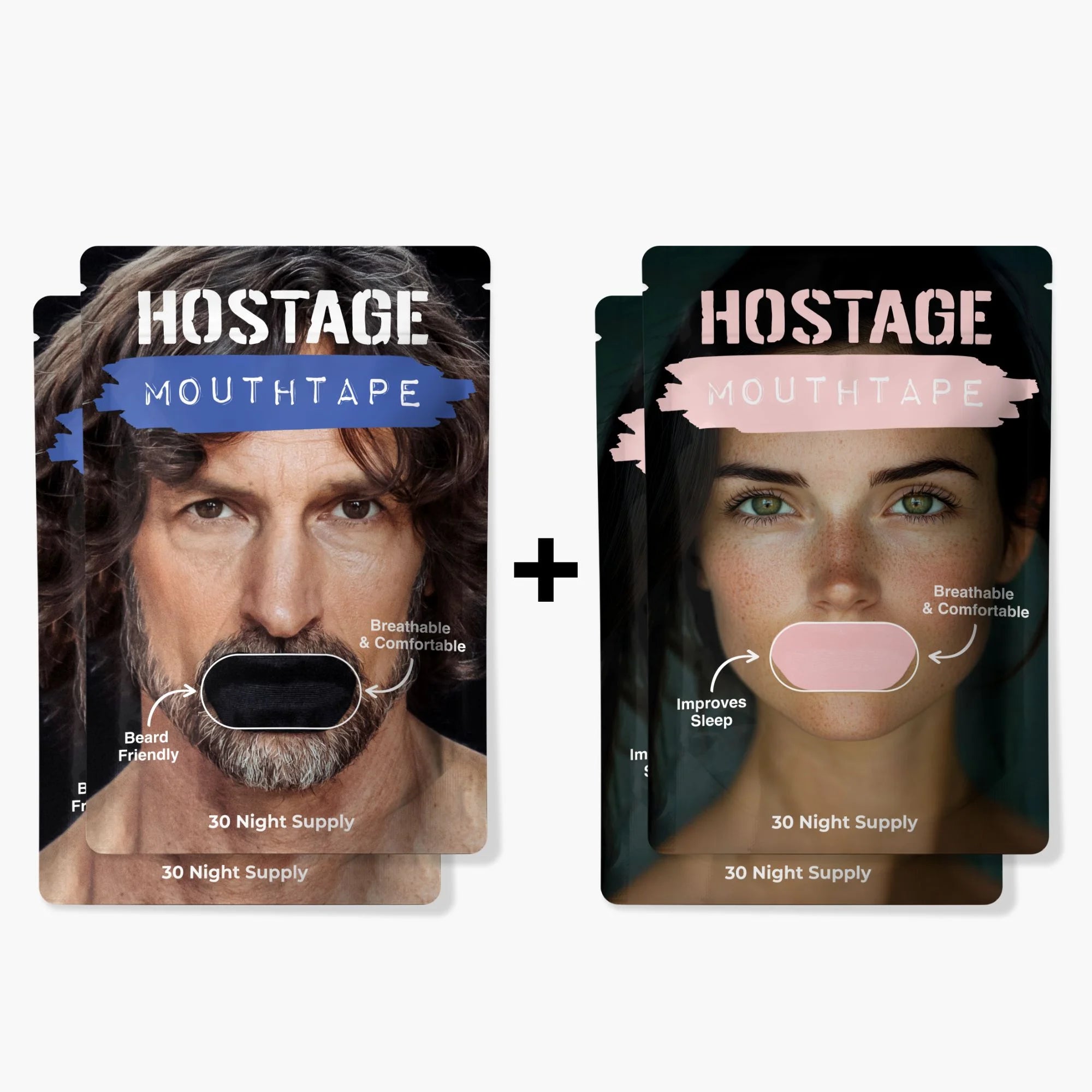 Two black and two pink Hostage Mouth Tape pouches for better sleep and reduced snoring