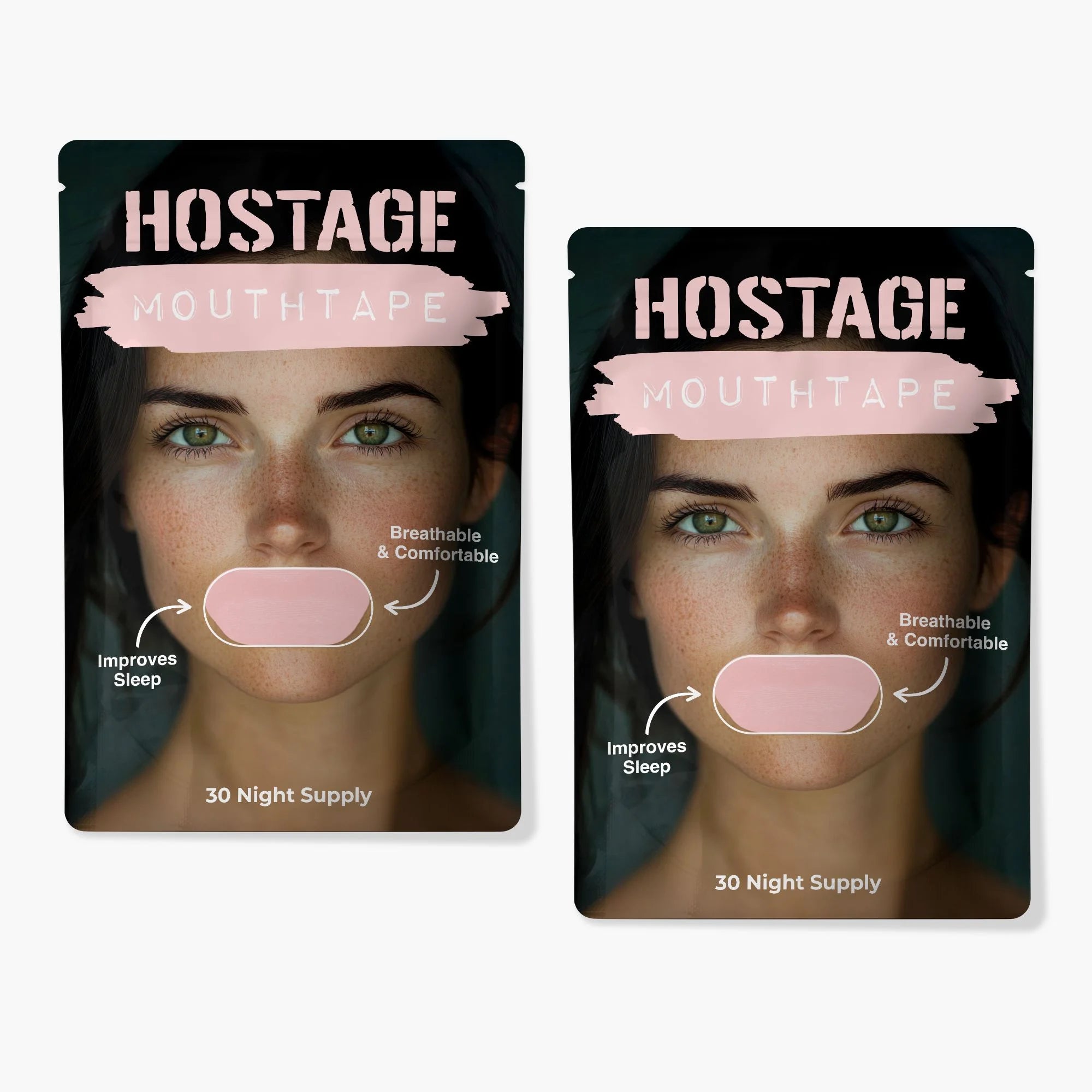 Two pink Hostage Mouth Tape pouches for better sleep, quiet nights, and reduced snoring