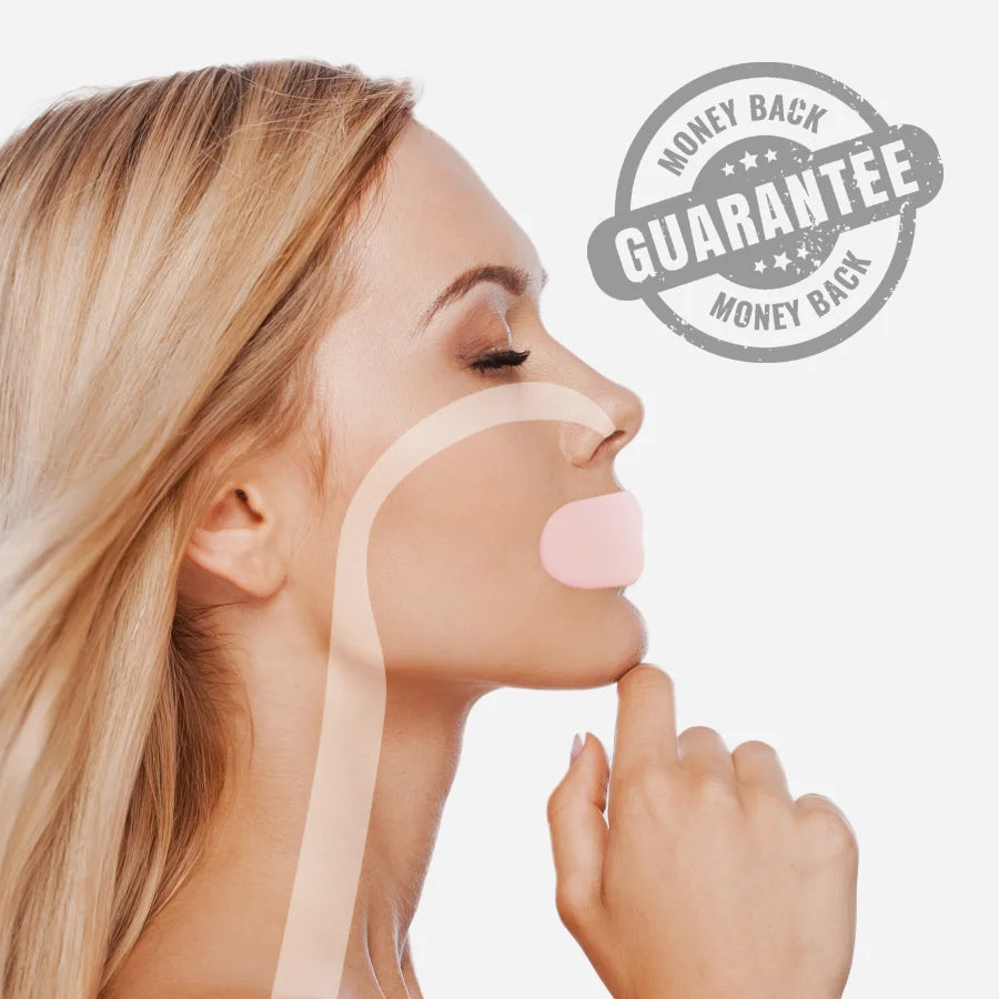 Side profile of woman wearing pink Hostage Mouth Tape with Money Back Guarantee badge
