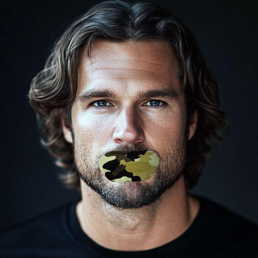 Man using camo Hostage Tape strip for better sleep quality