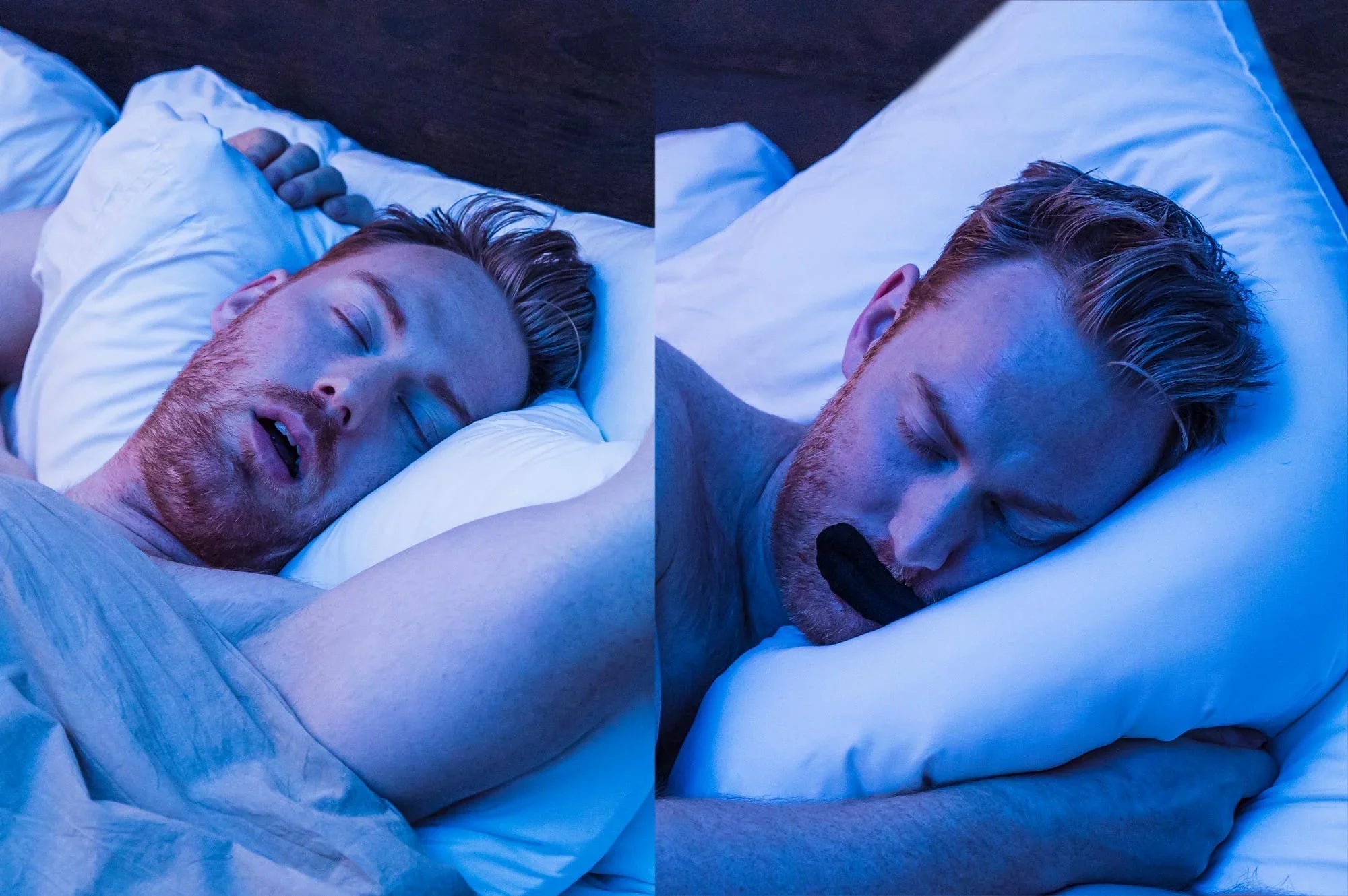 Man sleeping restlessly without tape vs man sleeping calmly with Hostage Mouth Tape