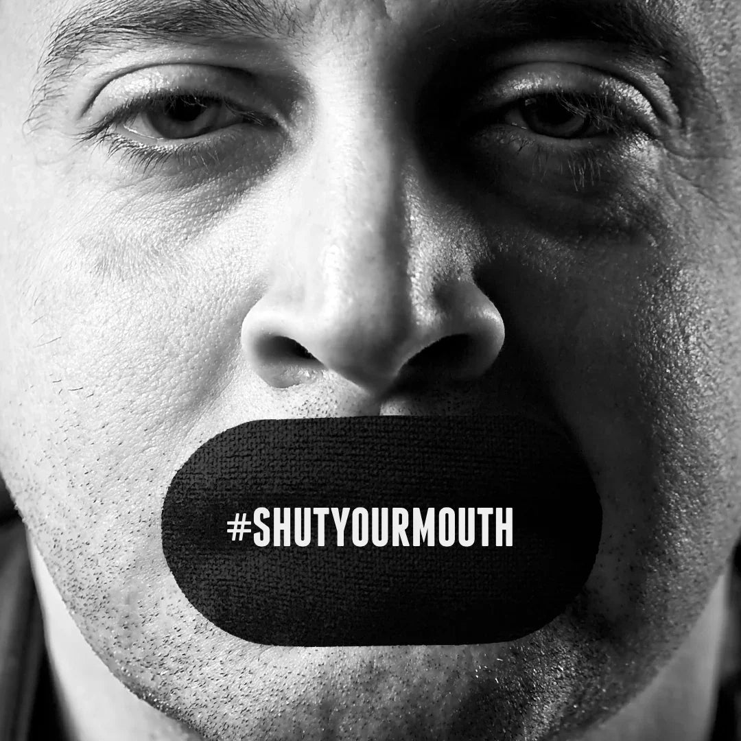 Middle aged man with Hostage mouth tape, text "#shutyourmouth", reduces snoring and improves sleep