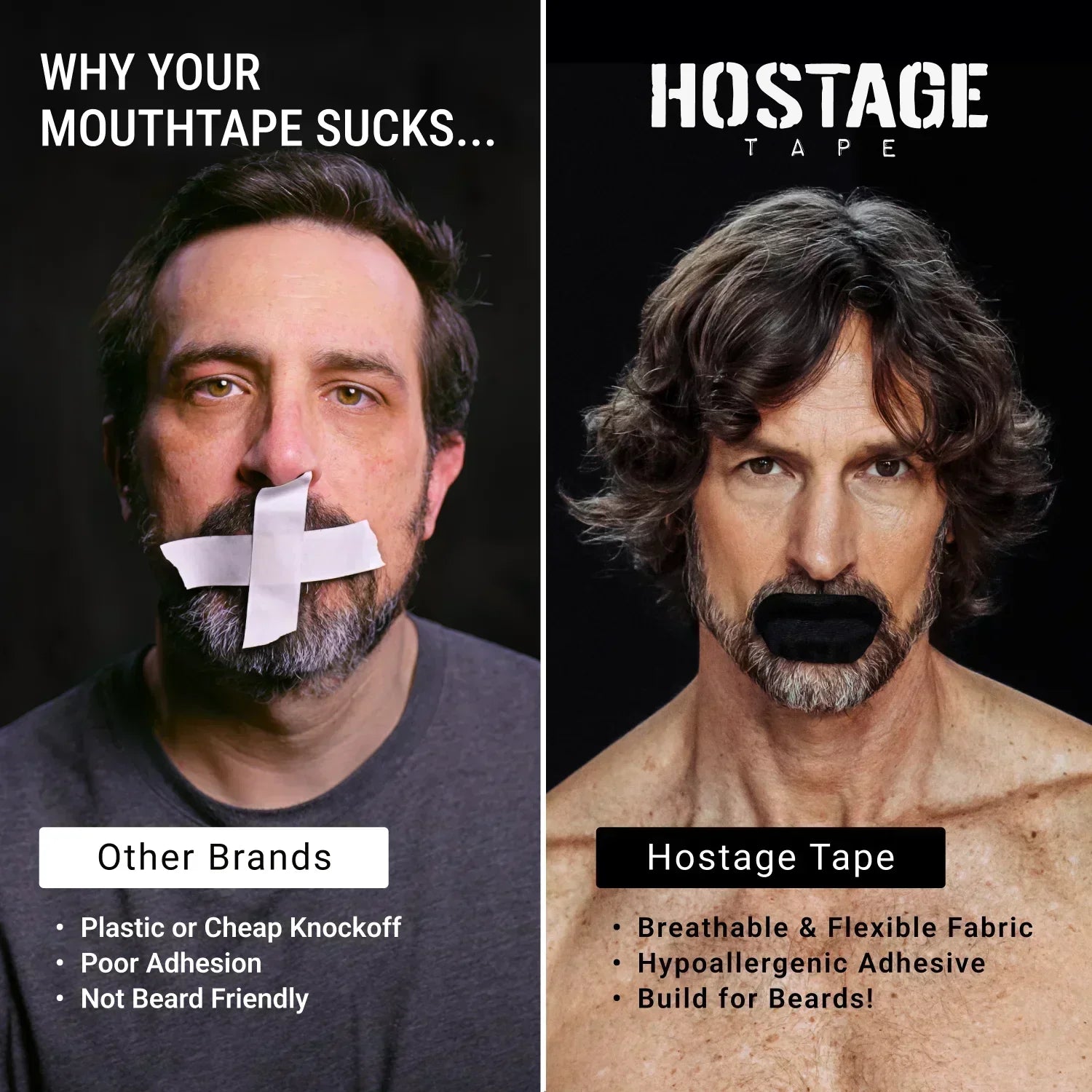 Comparison of Hostage Tape mouth tapes, breathable, hypoallergenic, beard-friendly vs other 
