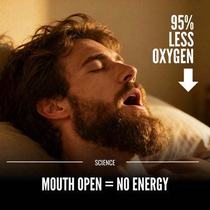Man lying down with open mouth, text indicating '95% less oxygen' and 'mouth open = no energy'.