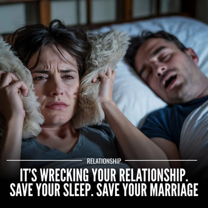 Hostage Tape image showing woman losing sleep from partner snoring with text save your sleep and marriage