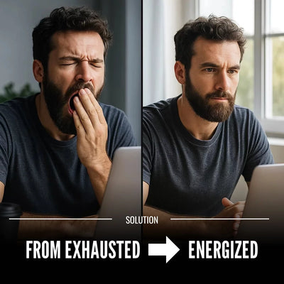 Before and after comparison of a man using a laptop, with text indicating a solution from exhausted to energized.