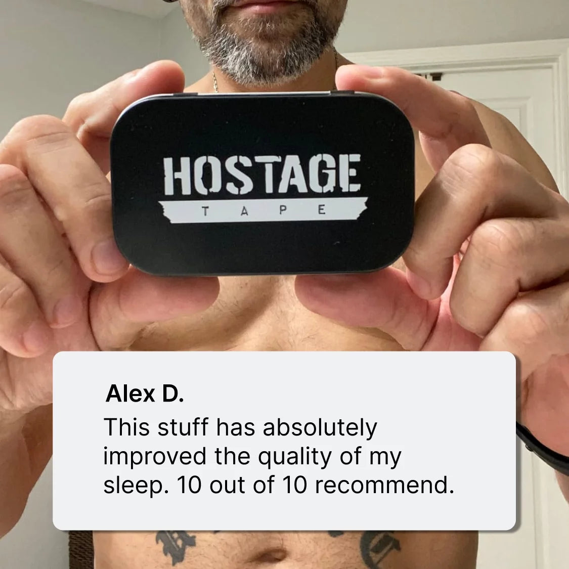 Person holding a black device labeled 'HOSTAGE TAPE' with a testimonial overlay.