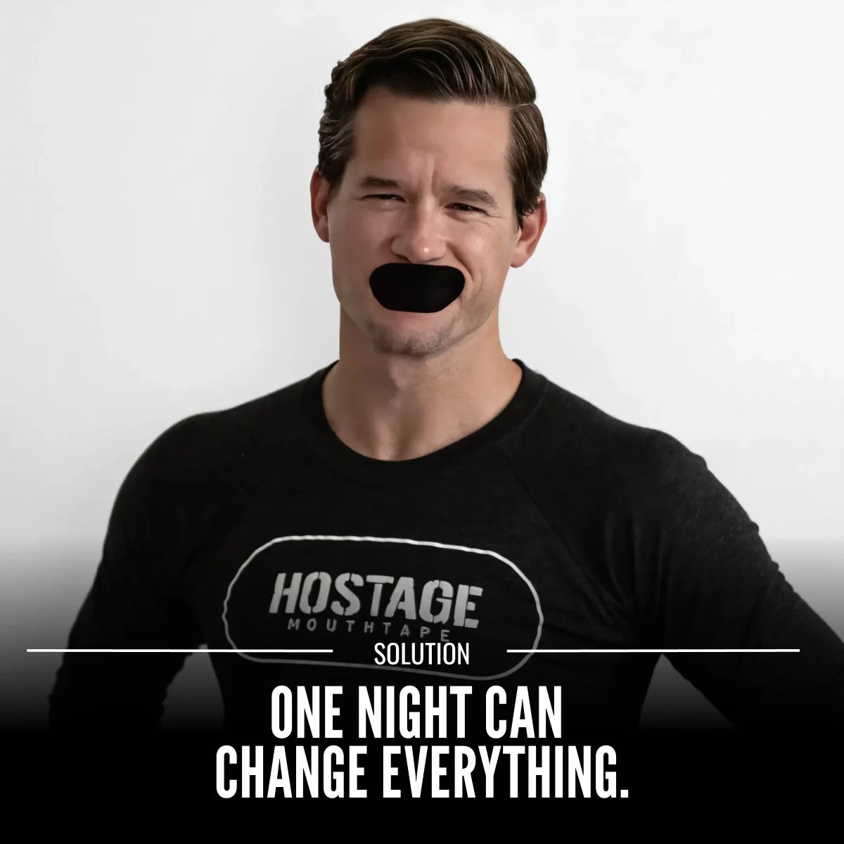 Hostage Tape image showing man wearing mouth tape with slogan one night can change everything